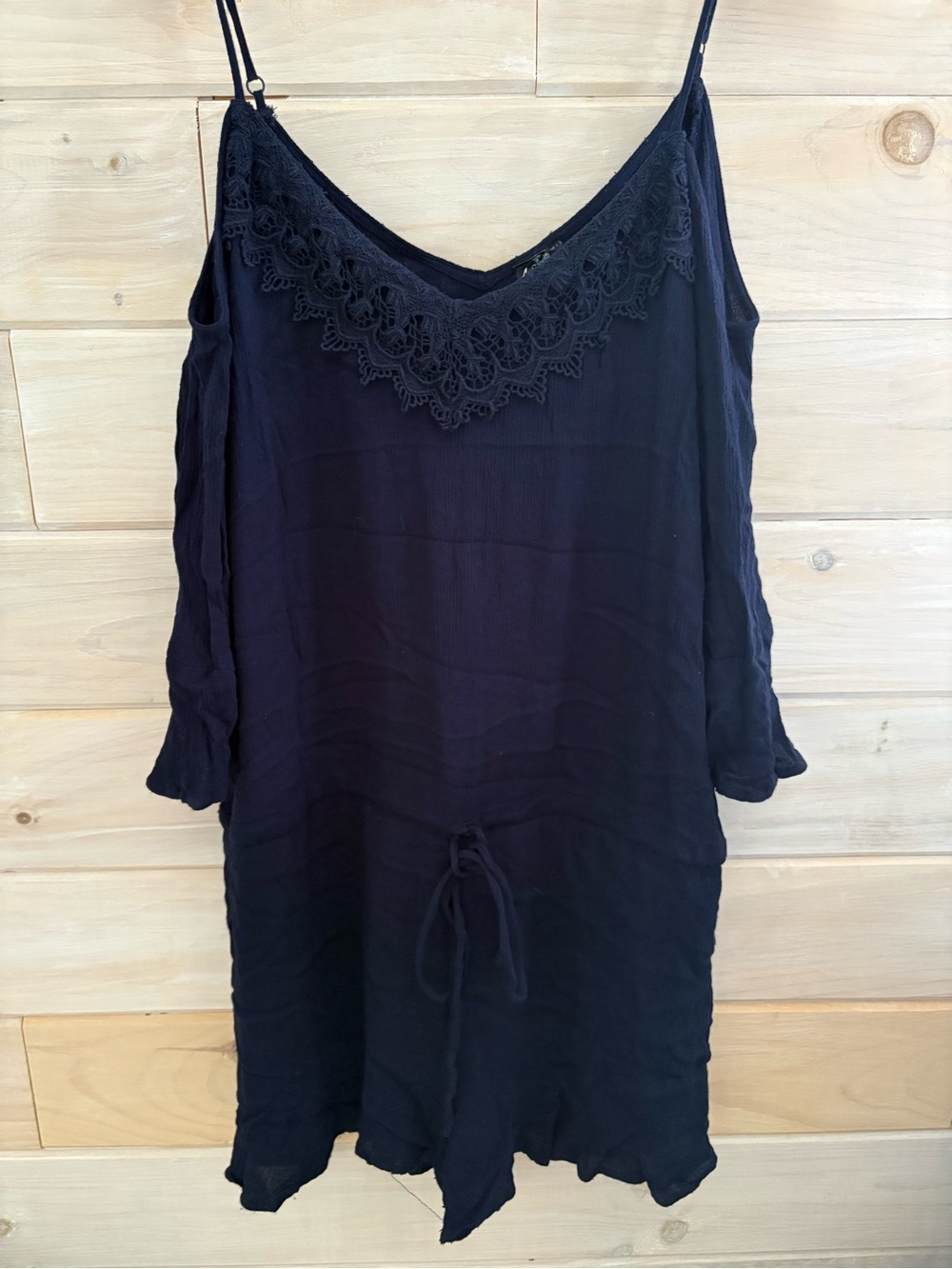 Andréa Navy Lace Trim Cold-Shoulder Romper with Fitted Tie Waist